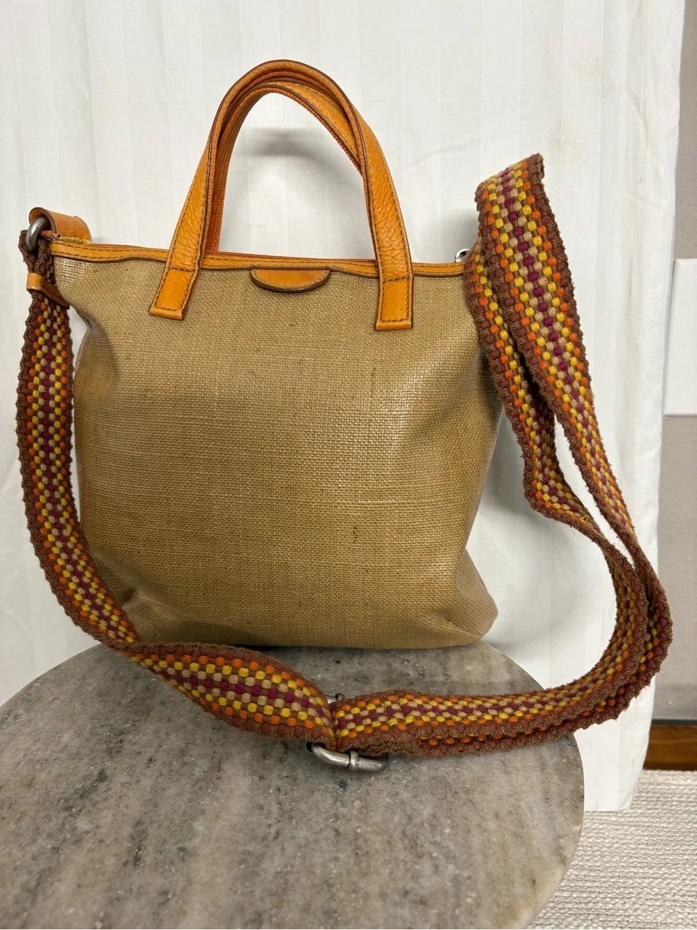 Fossil Tan Canvas Tote with Leather Trim and Multicolor Woven Strap